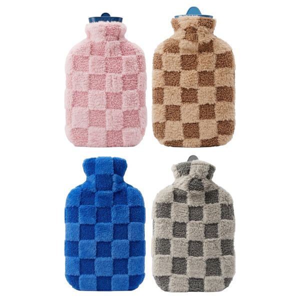 4 Pack Bulk - 2L Large Soft Fluffy Checkered Plush Fleece Hot Water Bottle