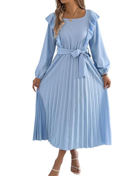Spring Summer Ruffle Square Neck Waist Slim Pleated Dress