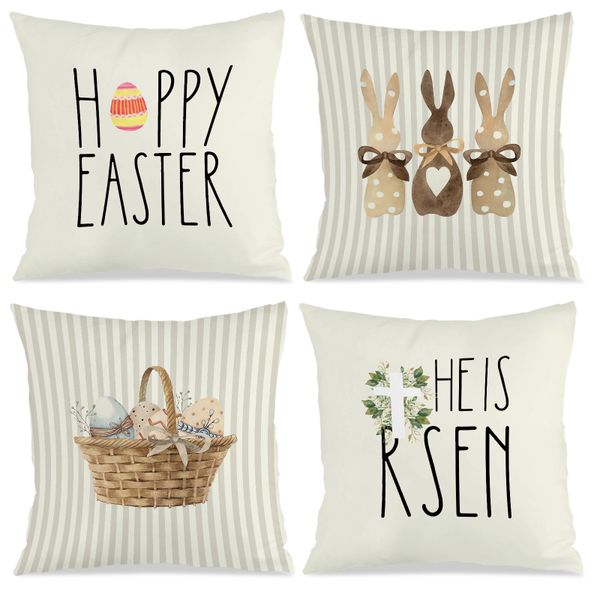 4PCS Bunny Stripes Throw Pillowcase, 45x45cm Cushion Cover for Living Room