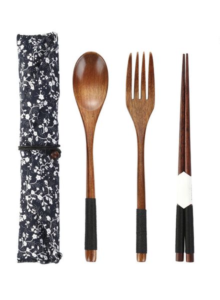 Wood Japanese-Style Wooden Spoons, Forks, Chopsticks With Bag 3 - Piece Set