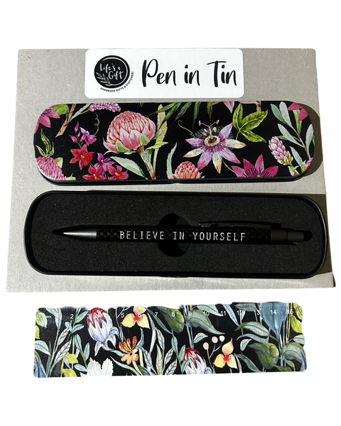 Ballpoint Pen in Tin &amp; 15cm Ruler - Blooming Flowers on Black