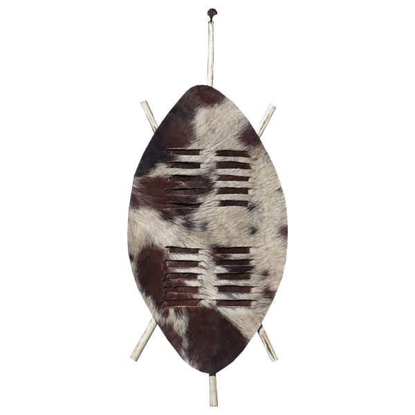 Medium-Sized Brown and White Zulu Warrior Shield 70cm Made of Real Cowskin