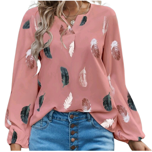 Women's Long Sleeve Blouse - Feather Print