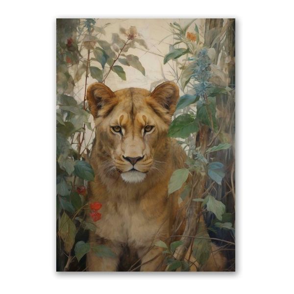 Lioness Floral Art Canvas - Abstract Wall Art with Solid Wood Frame