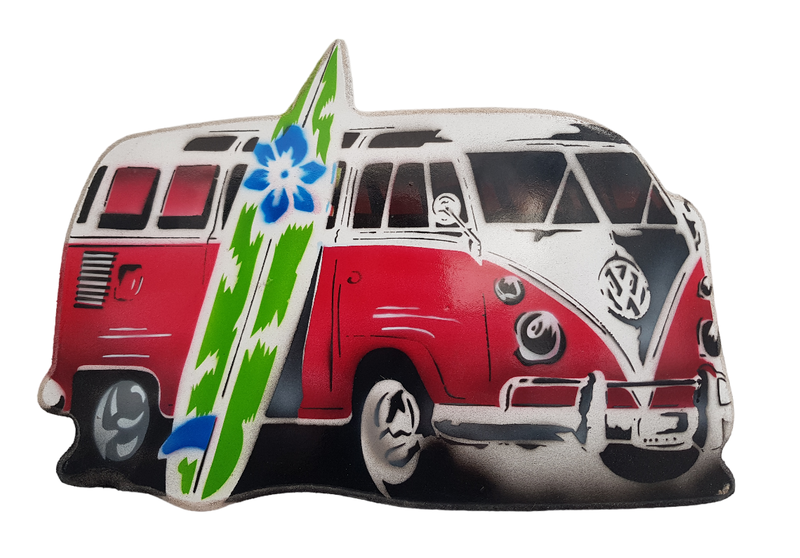 Wooden Cutout Red Kombi with Surfboard Sign (30cm)