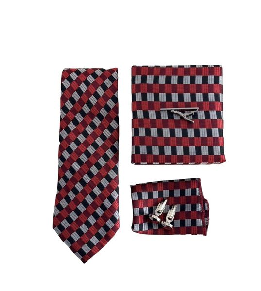 Tie Combo with Bonus Tie Clip - Chequered Red, Black &amp; Grey
