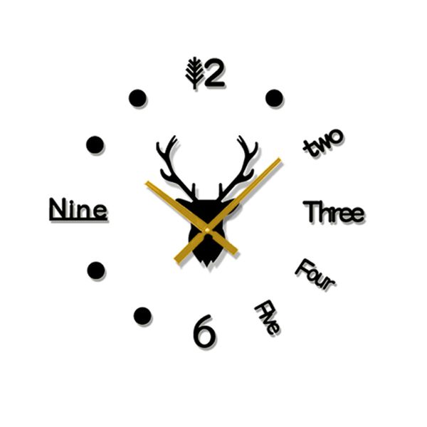 3D Deer Head Mirror Sticker DIY Large Acrylic Wall Clock-Silver