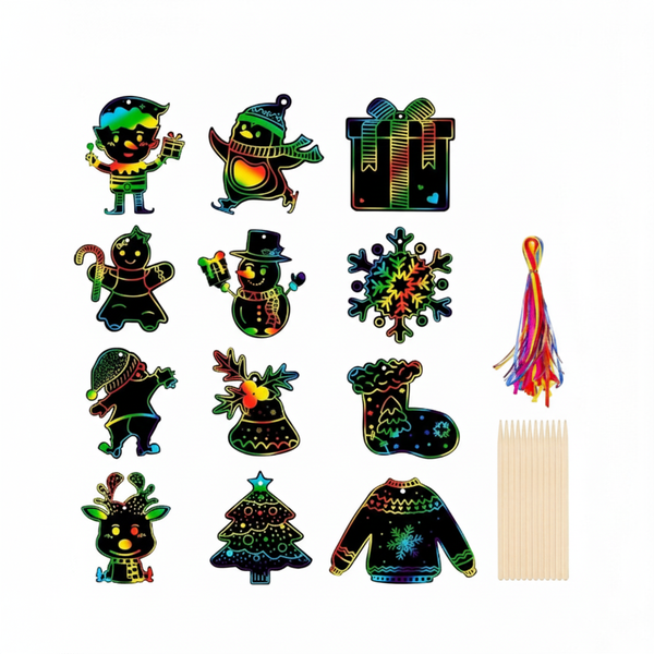 28 Piece Christmas Rainbow Scratch Art Ornaments Craft Kit - Black