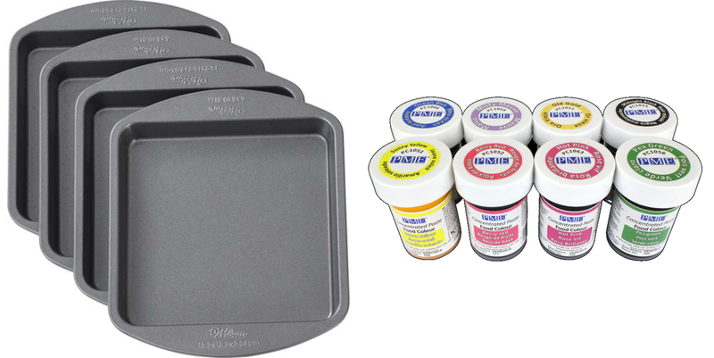 Wilton 4x4" 4 Layer Baking Cake Pans &amp; Set of 8 PME Gel Food Colour Paste