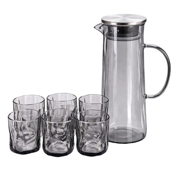 1.45L Glass Jug with Lid and 6 Drinking Glasses Set