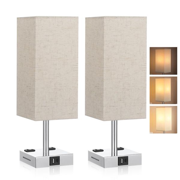 2 Bedside Touch Control Table Lamps with Dual AC Outlets &amp; Charging Ports