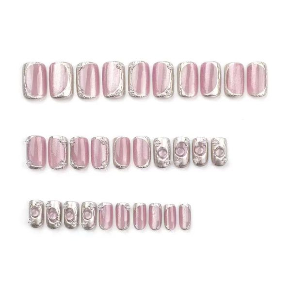 French Pink Blush Gradient Nail Art, 3D Rhinestone Fashion False Nails