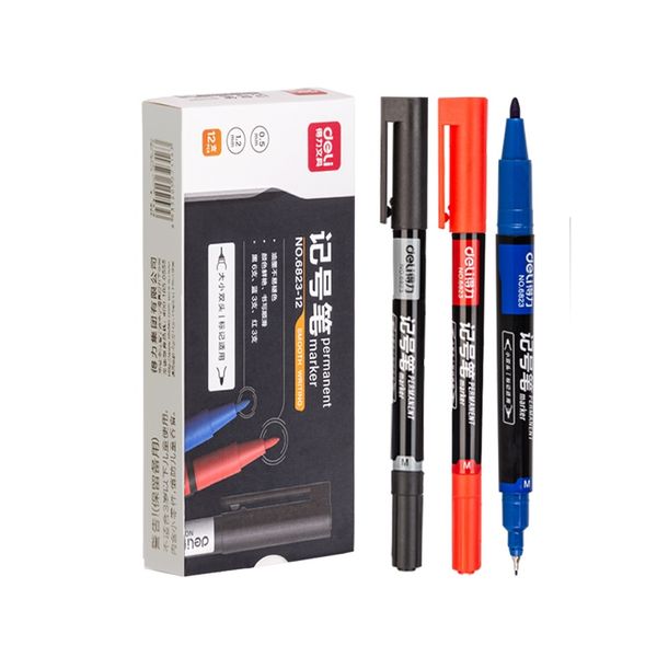 Deli Permenant Marker Dual Tip 0.5mm &amp; 1.0mm Red, Blue, Black 12 pcs