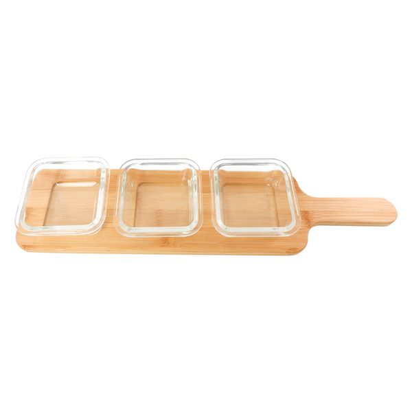 Consol Santorini 3 Clear Square Glass Bowls (140ml) on a Bamboo Board