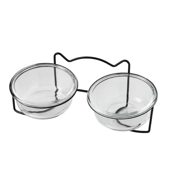 Pet Double Glass Cat Dog Raised Bowl Round Design (27cm)