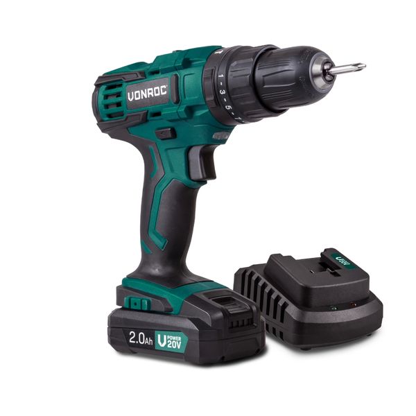 VONROC Cordless Impact Drill 20V Set | Incl 2Ah battery and charger