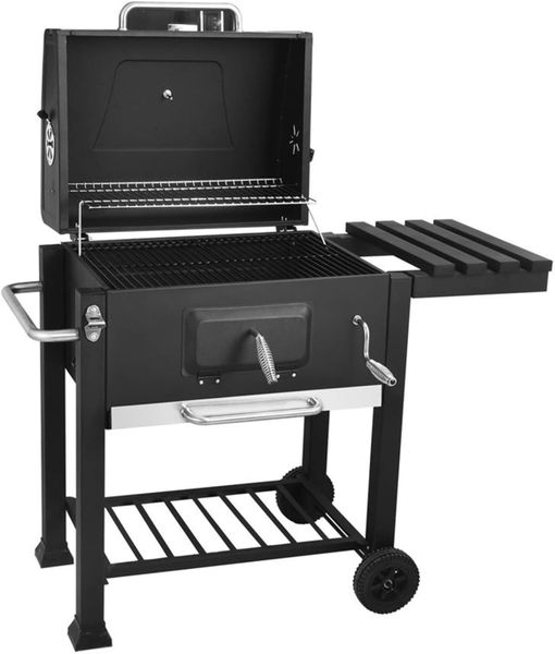 Heavy-Duty Charcoal BBQ Grill with Lid and Side Table - Black
