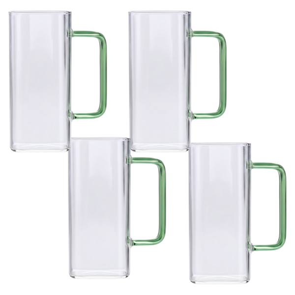 4 Pack - High Borosilicate Square Glass Cup With Colourful Handles
