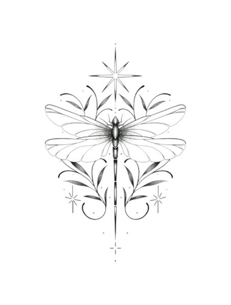 Mystical Dragonfly Temporary Tattoo With Floral &amp; Star Accents- Black