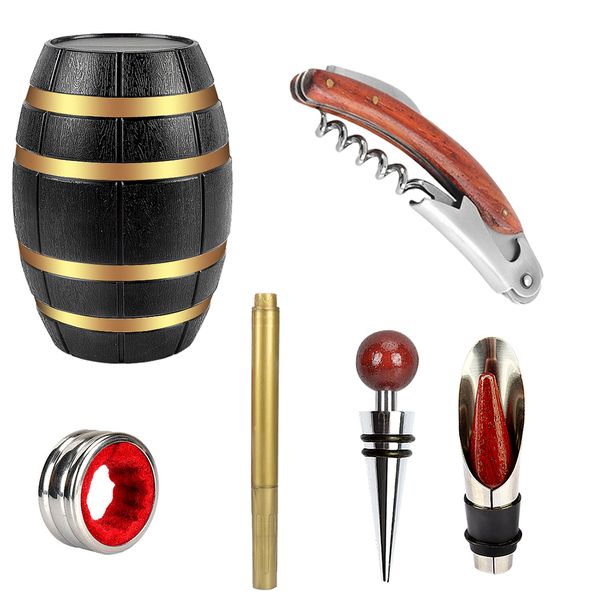 Wine Bottle Opener &amp; Accessory Gift Set with Oak Barrel Shape Box - 5 Piece