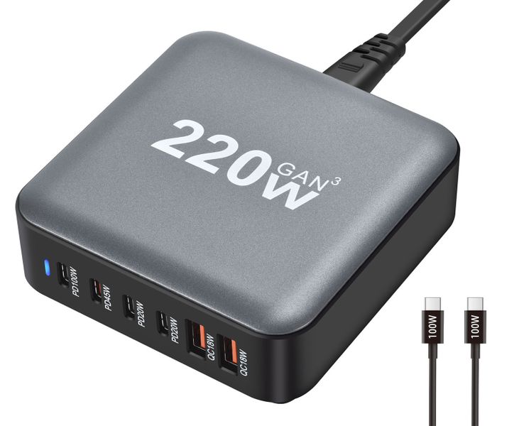 220W USB C Charger Block GaN III USB Desktop 6 Ports Fast Charging Station