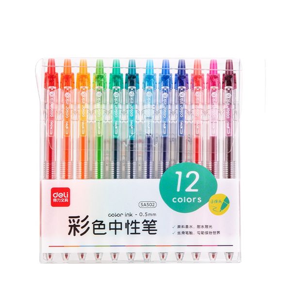 Deli Gel Pen Needle Tip 0.5 Clear Barrel 12Pcs Assorted Colors