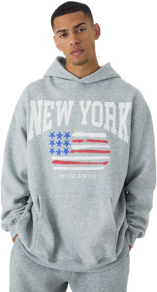 boohooMAN - Men's Plus New York Print Hoodie - Grey