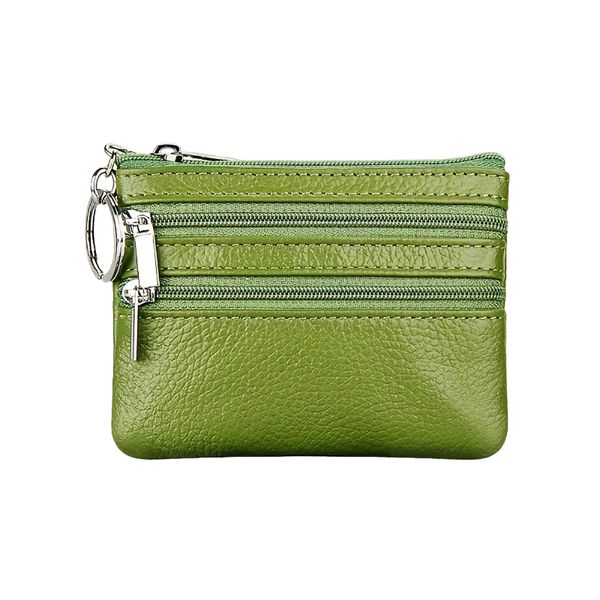 Genuine Leather Coin Purse Compact Wallet With Zipper Closure - Green