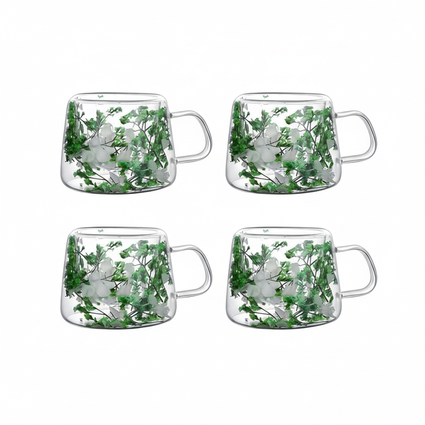 4 Pack 200ml Petal Glass Cup With Handle - Green &amp; White