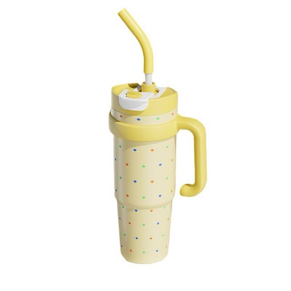 Creamy Yellow Polka-Dot Handle Straw Cup