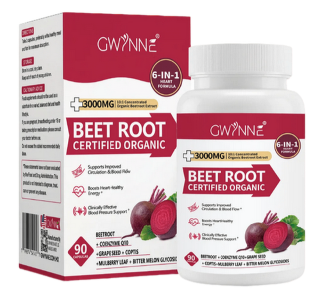 GWYNNE 6-in-1 Heart Wellness Capsules - 3000mg Beetroot Extract,90 Capsules