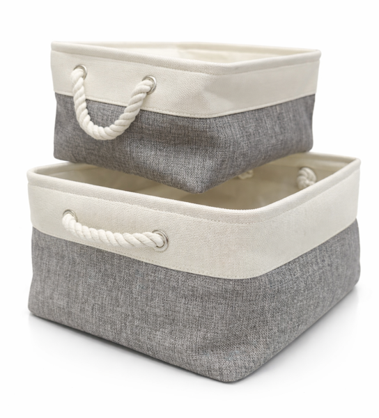 Premium Two-Tone Fabric Storage Baskets with Rope Handles - Set of 2