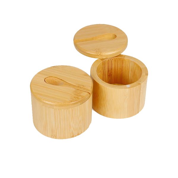Bamboo Seasoning Storage Box with Rotating Lid and Spoon - 2 Piece
