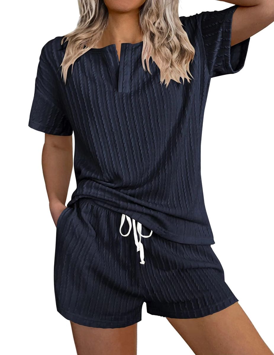 Women's Short Sleeve Pajama Sets with Pockets Causal 2 Piece Lounge ...