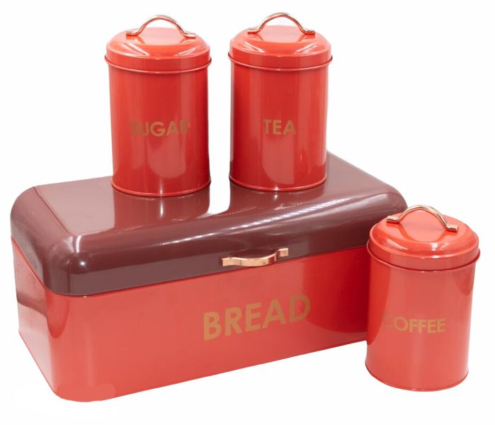 Continental Homeware Two-Tone Bread Bin with 3 Piece Canister Set - RED