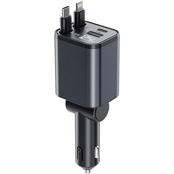4-in-1 Retractable Car Charger, Dual Type-C &amp; USB Ports