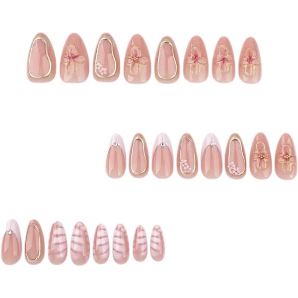 Almond Shaped Pink French Manicure With Floral And Crocodile Patterns