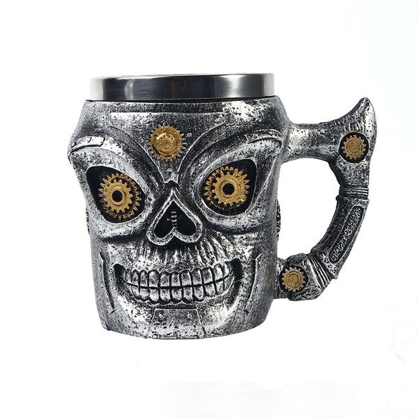 Creative 3D Realistic Resin Stainless Steel Skull Coffee Mugs with Handle