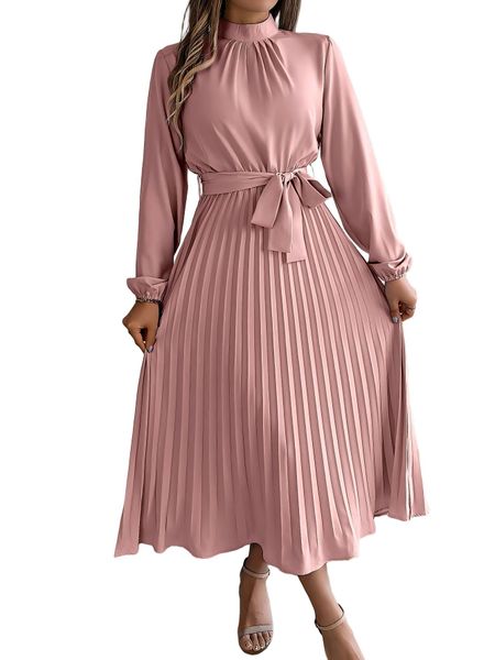 Elegant Stand Collar Long Sleeve Waist Cinched Pleated Evening Dress