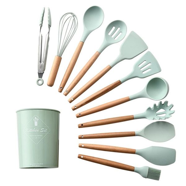 12 Piece Silicone Kitchen Utensil Set with Wooden Handle