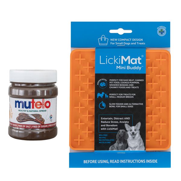 LickiMat Buddy Mini Orange plus Pets Elite Mutelo spread