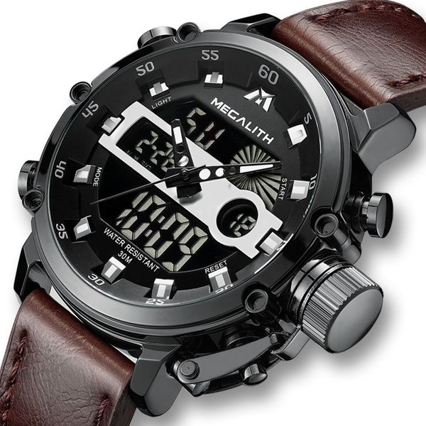 Megalith Men's Dual Display Genuine Leather Watch - Gun Metal