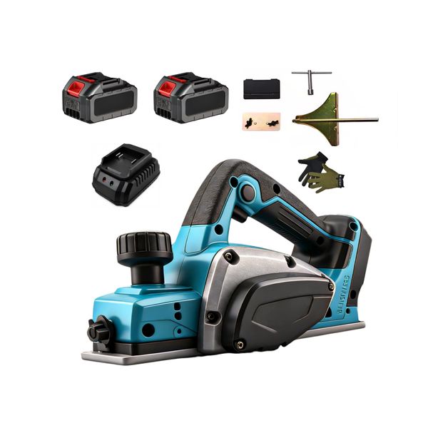 Cordless Electric Wood Planer Set with Batteries &amp; Gloves - 82mm