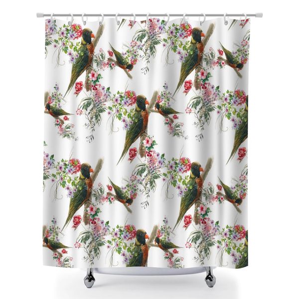 Decorative Botanical Bird Print Shower Curtain with Plastic Hooks for Home