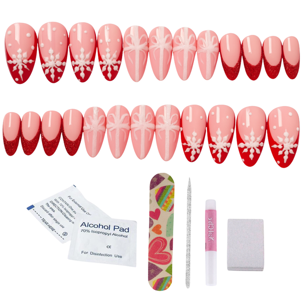 Handmade Medium Almond Pink &amp; Red Christmas Press-On Nails- 24 Nails + Kit