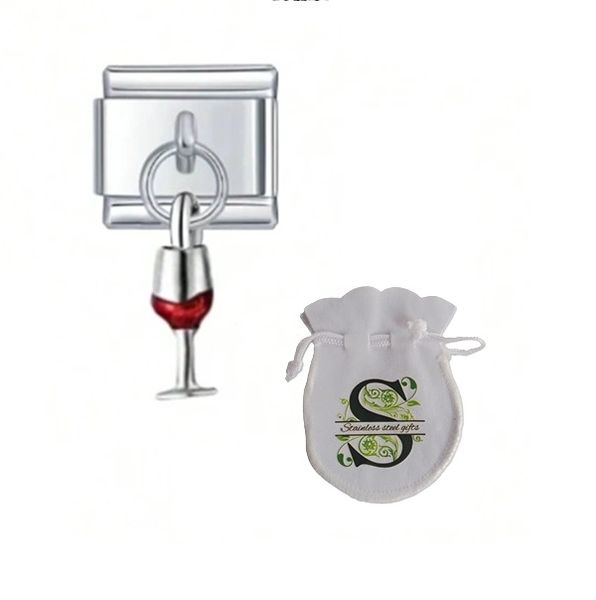 Stainless Steel Italian Link Bracelet Dangling Charm - Red Wine Glass