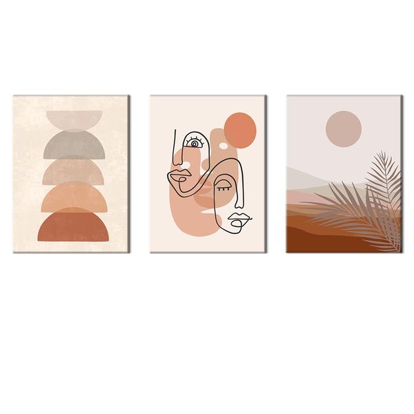 Canvas-Art-3 Pieces Line Face Deep Orange Palm Leaves &amp; Sun Floral Wall Art
