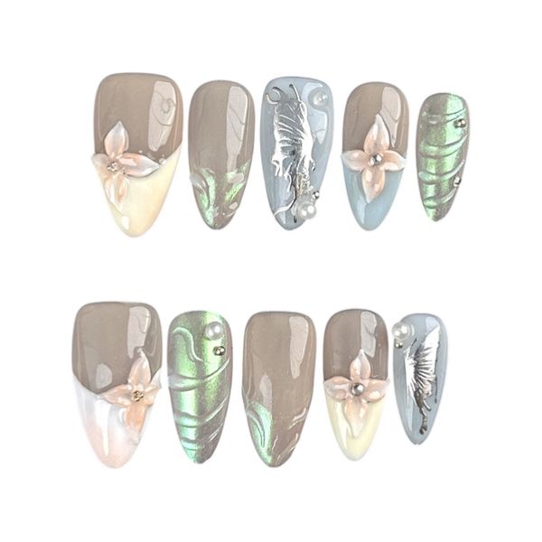 10 Pieces - Soft Wing Touch Almond Press-On Nails Set - Multicolor