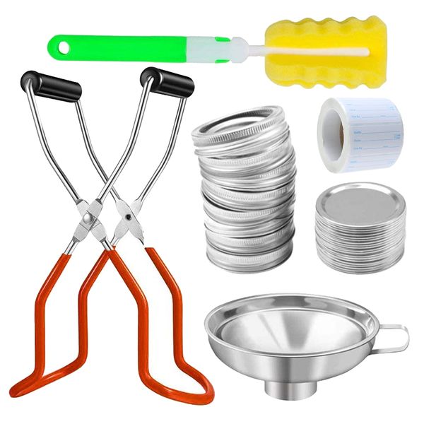 Canning Jar Lifter Kit with Jar Lids Jar Labels Funnel &amp; Cleaning Brush