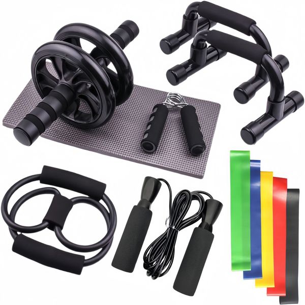 7-in-1 Home Gym Set - Ab Roller - Push-Up Bars - Bands - Rope - 12 Pieces